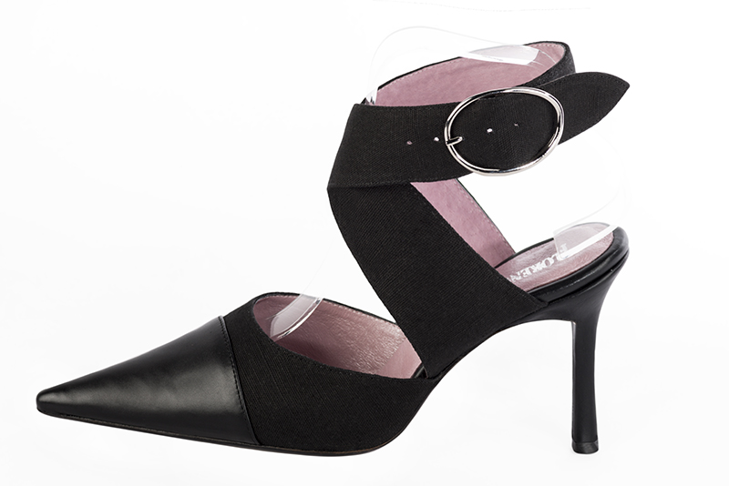 Satin black women's open back shoes, with crossed straps. Pointed toe. Very high slim heel. Profile view - Florence KOOIJMAN
